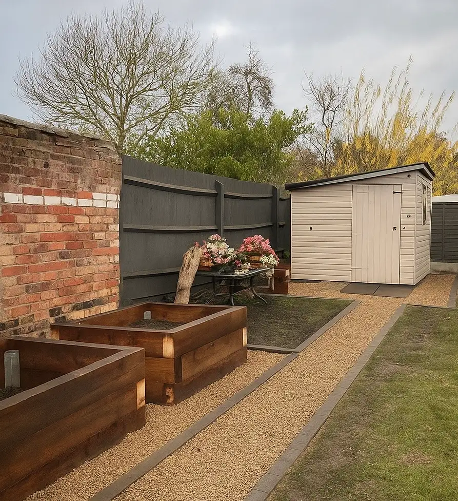 Landscaped garden with a shed, decking and established planting