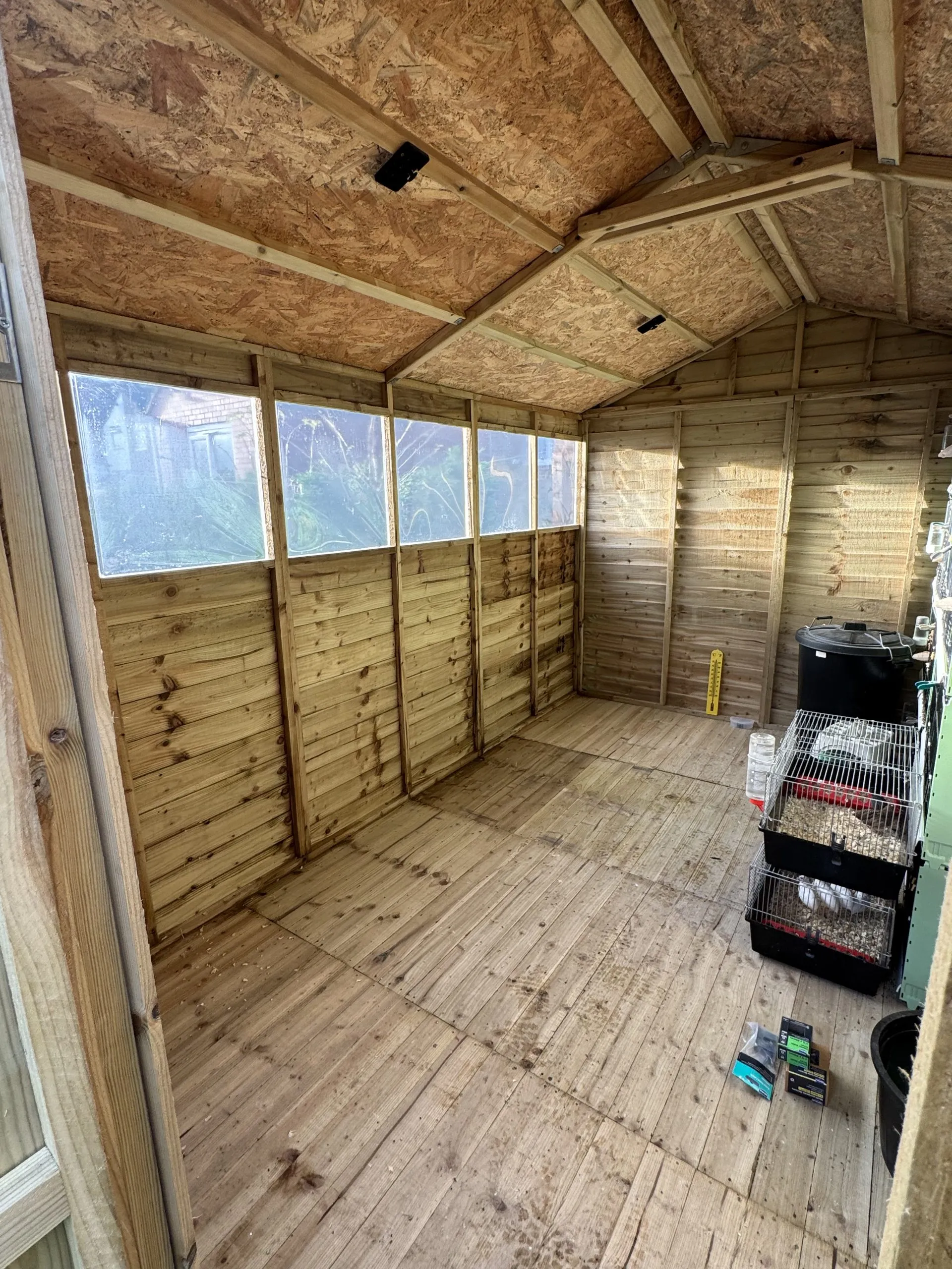 Timber bird aviary under construction, showing the internal frame